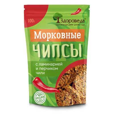 Морковные чипсы (снеки) с ламинарией и перчиком чили 100 г, "Здороведа" Морковные чипсы (снеки) с ламинарией и перчиком чили 100 г, "Здороведа"