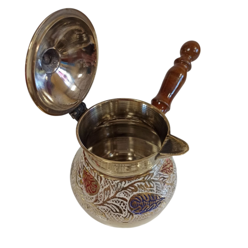Турка для кофе из латуни, 400 мл, с крышкой и деревянной ручкой, ручная роспись, белая, Индия фото 5