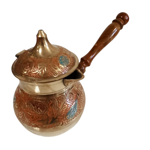Турка для кофе из латуни, 500 мл, с крышкой и деревянной ручкой, ручная роспись, оранжевая, Индия фото 6