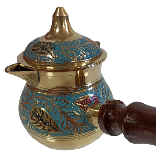 Турка для кофе из латуни, 300 мл, с крышкой и деревянной ручкой, ручная роспись, голубая, Индия фото 7