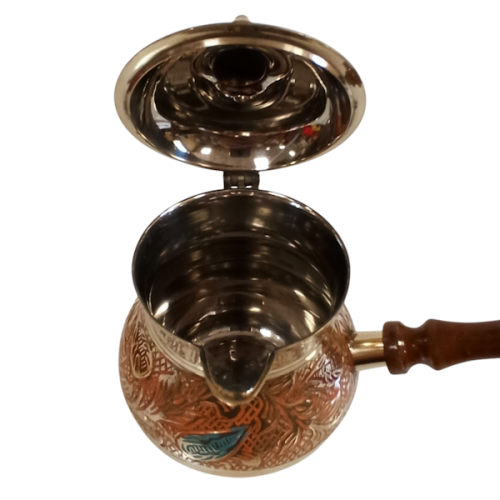 Турка для кофе из латуни, 500 мл, с крышкой и деревянной ручкой, ручная роспись, оранжевая, Индия фото 4